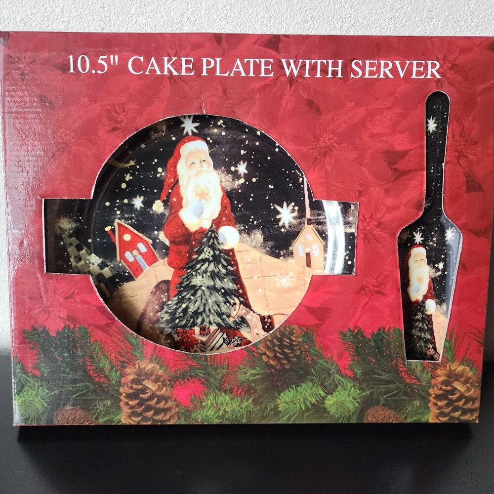 CHRISTMAS XMAS 8.5 inch Cake Plate & Server Glazed Ceramic Santa Tree Winter